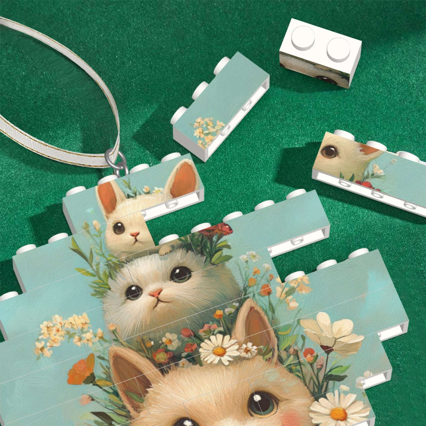 Three Rabbits in Flower Field Puzzle Ornament - Creative DIY Building Blocks Décor