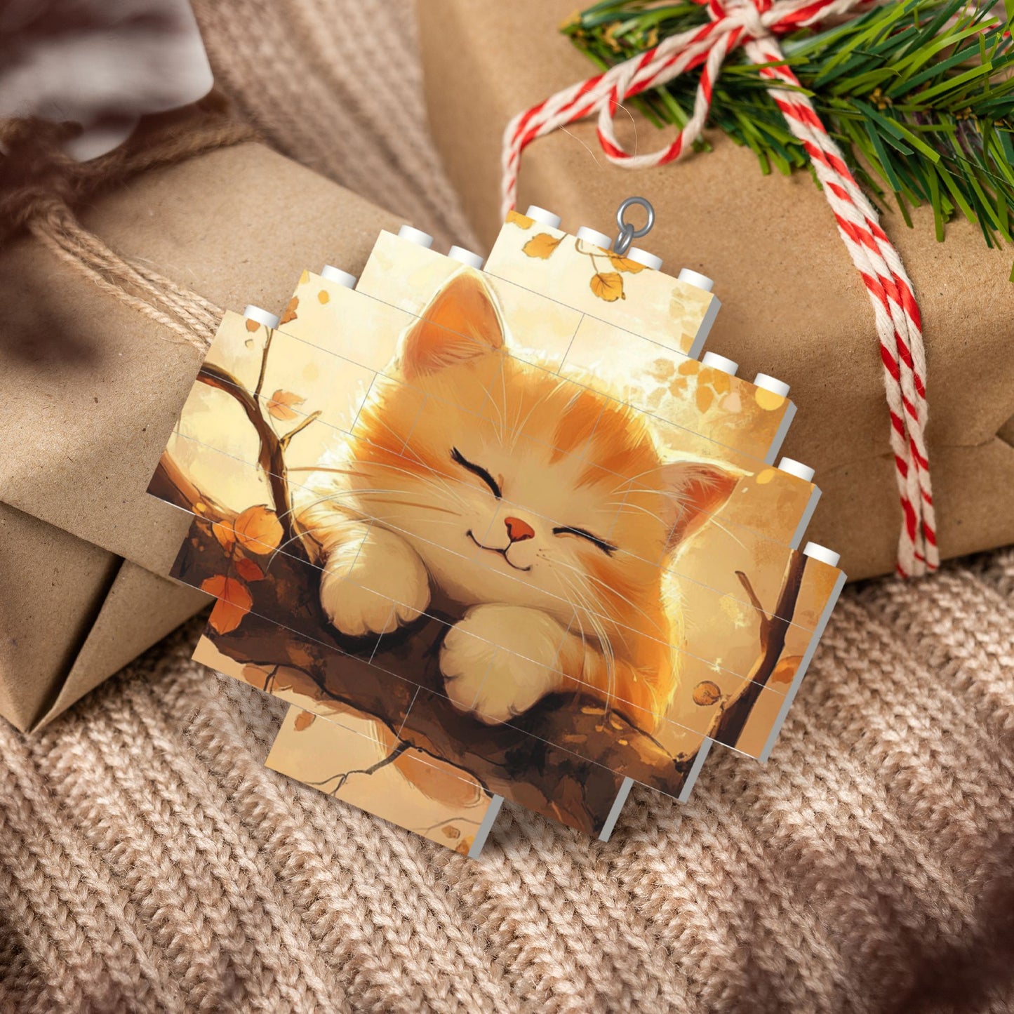 Healing Smiling Orange Cat Puzzle Hanging Ornament - Creative DIY Building Block Home Decor