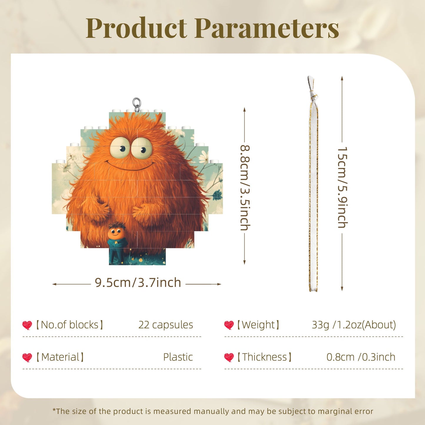 Warm Orange Fluffy Monster Puzzle Hanging Ornament - Creative DIY Building Block Home