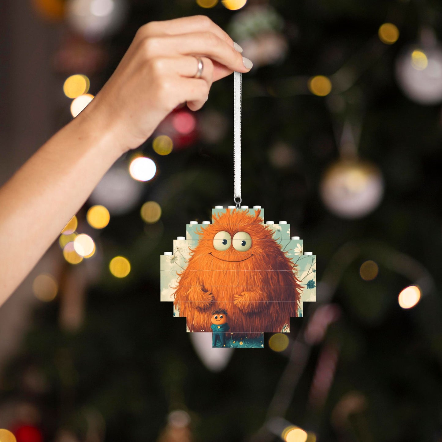 Warm Orange Fluffy Monster Puzzle Hanging Ornament - Creative DIY Building Block Home