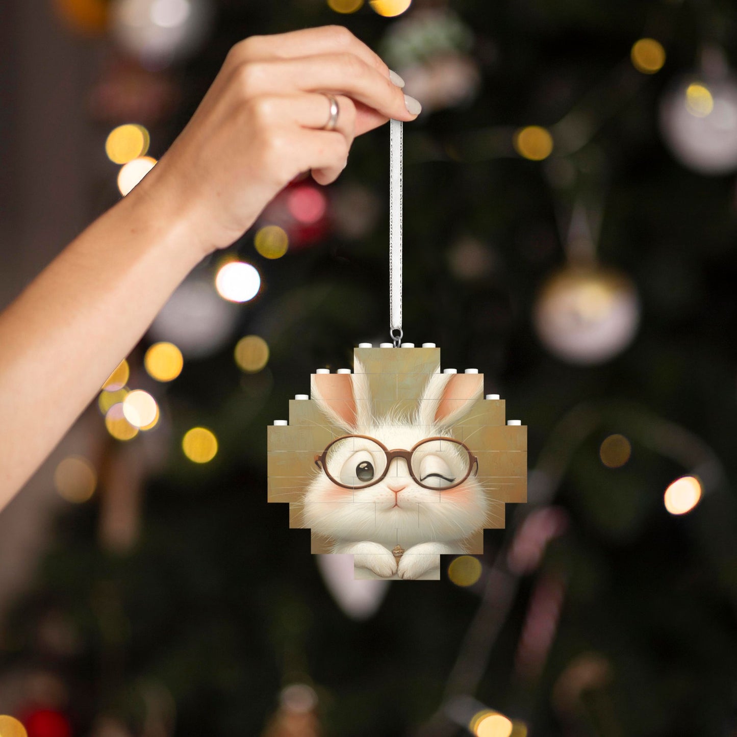 Adorable Glasses Bunny Puzzle Ornament - Creative DIY Building Block Home Decor