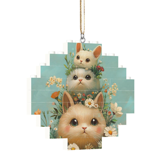 Three Rabbits in Flower Field Puzzle Ornament - Creative DIY Building Blocks Décor
