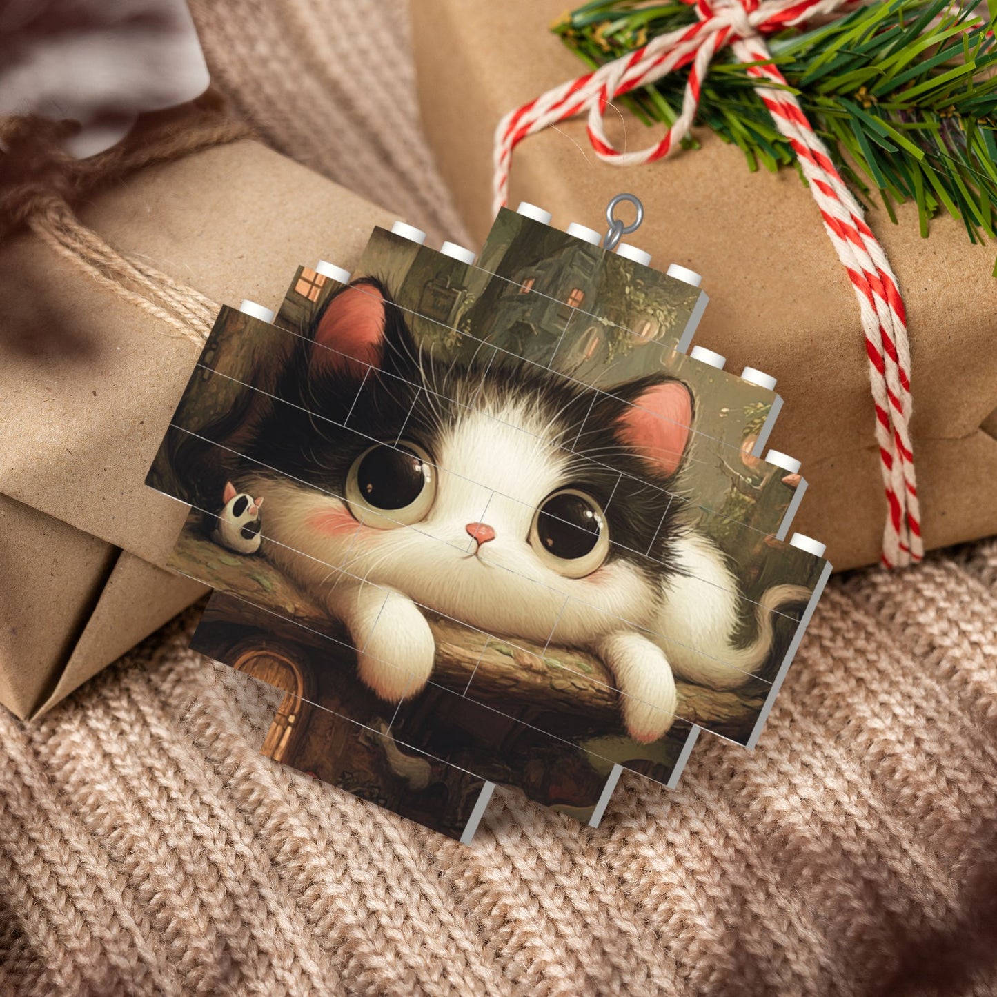 Adorable Black-and-White Cat Puzzle Ornament - Creative DIY Building Blocks Décor