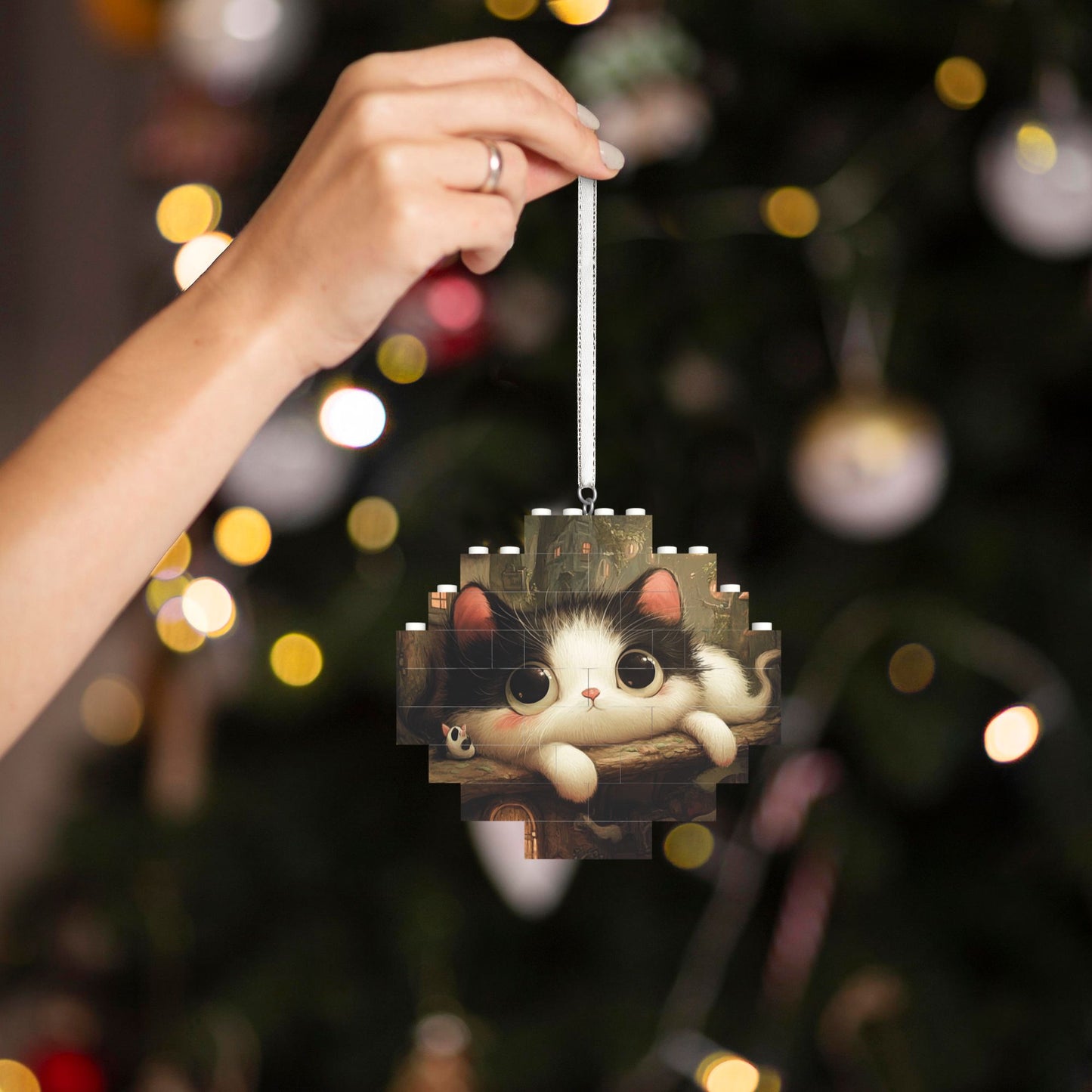 Adorable Black-and-White Cat Puzzle Ornament - Creative DIY Building Blocks Décor